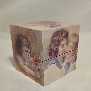 Vintage Style Decorative Cube with Child Illustrations